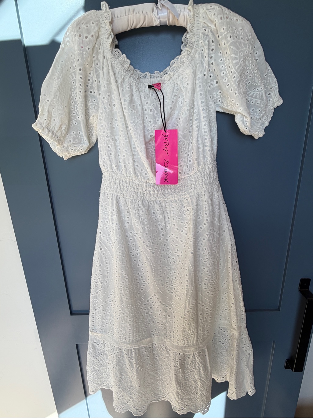 Betsey Johnson Cream Eyelet Midi Dress With Puff Sleeves